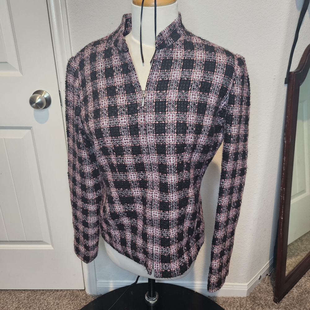 Dressbarn Tweed Plaid Jacket Blazer Size 6 Black Pink White Zipper Moto